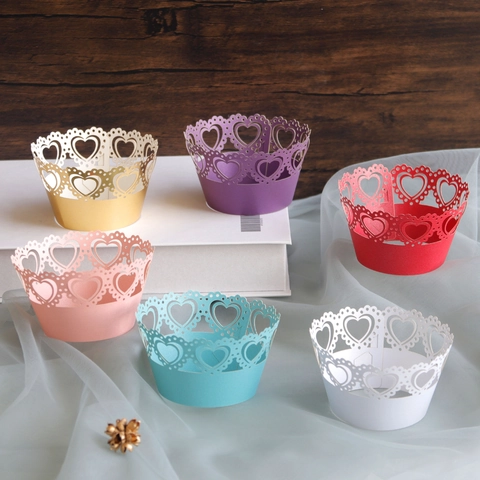 Romantic Heart Laser Cut Cupcake Wrappers Hollow Paper Cake Laces For Wedding Birthday Party Dessert Table Bakery Decorations