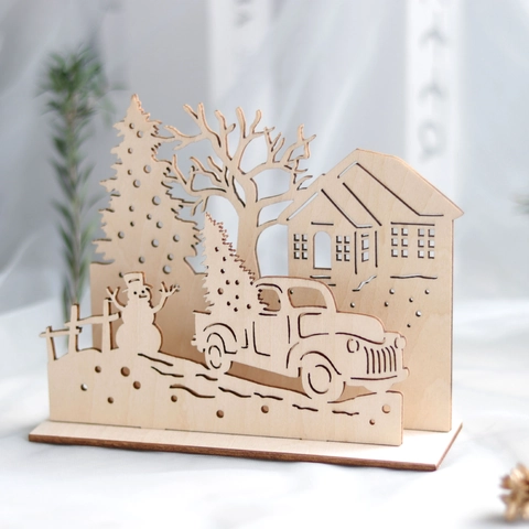 Hölzerne Weihnachten 3D Tischschmuck Lasergeschnittene Winterszene Schneemann LKW Kiefer Baum Haus Naturholz Festliche Tischdekoration