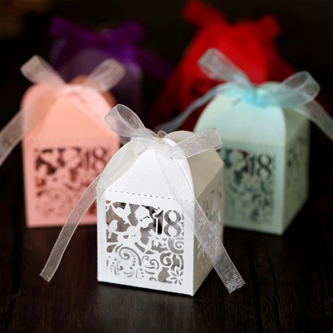Caja Caramelos 18 Cumpleaños Corte Láser Papel Perlado Caja Regalo Con Cinta para Cumpleaños Aniversario Fiesta