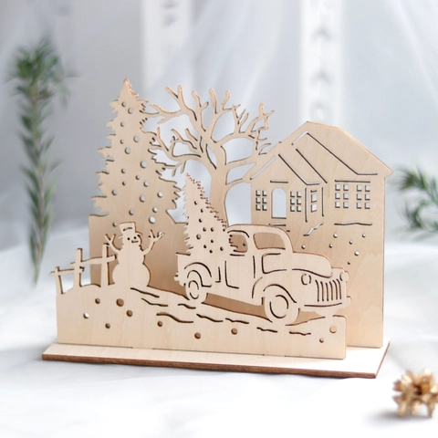 Hölzerne Weihnachten 3D Tischschmuck Lasergeschnittene Winterszene Schneemann LKW Kiefer Baum Haus Naturholz Festliche Tischdekoration