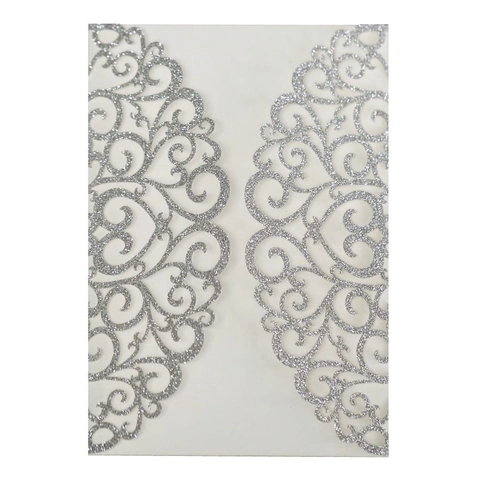 Elegant Laser Cut Wedding Invitation Gate-fold Card Cover With Glitter Pearlescent Paper Scroll Floral For Marriage Party