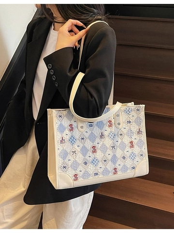 Mode Grande Capacité Femme Sac Fourre-tout Vintage Ours Imprimé Cuir PU Patchwork Sac à Épaule Navettage Sac à Main Quotidien Décontracté Sac