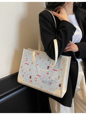 Mode Grande Capacité Femme Sac Fourre-tout Vintage Ours Imprimé Cuir PU Patchwork Sac à Épaule Navettage Sac à Main Quotidien Décontracté Sac
