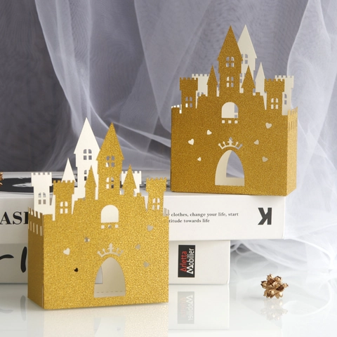 Laser Geschnitten Gold Glitzer Schloss Süßigkeitenbox Herz Krone Hohl Geschenkbox Für Hochzeit Geburtstag Party Geschenkverpackung