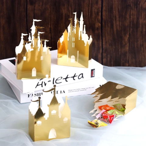 Mirror Gold Castle Shape Laser Cut Hollow Candy Boxes For Wedding Party Fairy Tale Theme Gift Packaging Paper Boxes