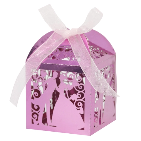 Scatole di Caramelle per Matrimonio Tagliate al Laser Sposa e Sposo Silhouette in Carta Perlata Scatole Regalo con Nastro per Festa