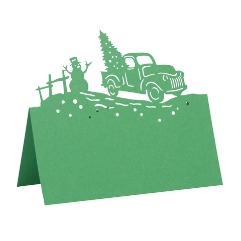 Festive Laser Cut Christmas Place Cards Snowman Truck Pattern Table Seat Cards For Party Dining Decoration Cardboard White Gold Green Red