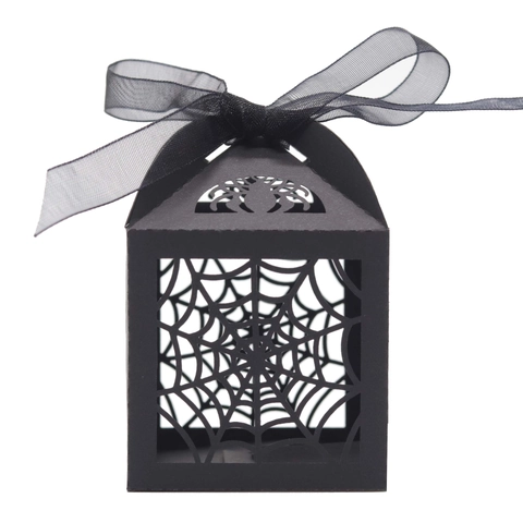 Caja de Caramelos de Halloween Corte Láser Telaraña Negra Caja de Regalo Calada Con Lazo Para Fiesta Gótica