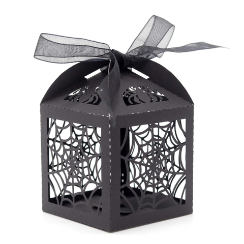 Caja de Caramelos de Halloween Corte Láser Telaraña Negra Caja de Regalo Calada Con Lazo Para Fiesta Gótica