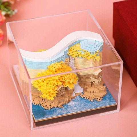 3D Papier Snijwerk Memoblok Vier Seizoenen Boomhut Creatieve Sculptuur Notitieblok Met Acryl Doos Artistieke Bureau Decoratie