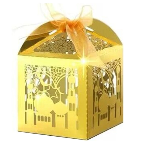 Gold Laser Cut Paper Candy Box Islamic Mosque Star Moon Hollow Gift Box For Ramadan Eid Celebration Party Favor Box