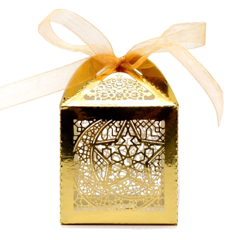Caja de Caramelos Calado Láser Estrella Luna Papel Caja de Regalo Con Cinta para Ramadán Cumpleaños Fiesta Boda Decoración