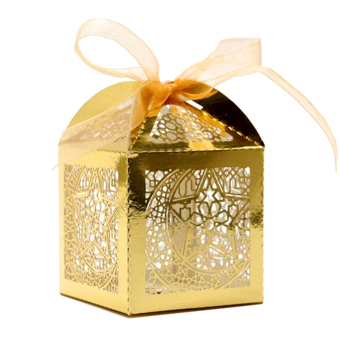 Caja de Caramelos Calado Láser Estrella Luna Papel Caja de Regalo Con Cinta para Ramadán Cumpleaños Fiesta Boda Decoración