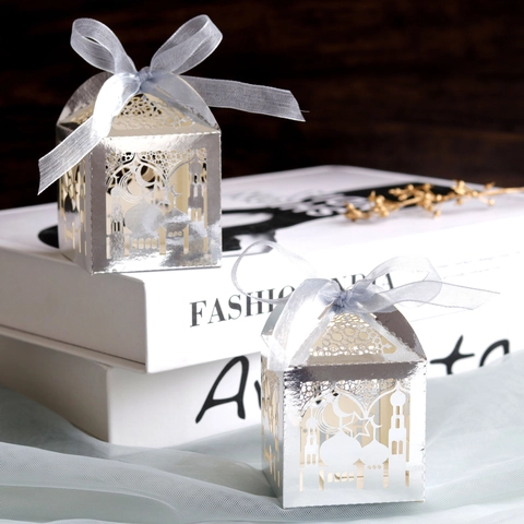Boîtes à Bonbons Ramadan Eid Mubarak Découpées au Laser Palais Étoile Lune Étoile Creuse Boîtes Cadeaux Avec Ruban Pour Fête Islamique Mariage Décoration