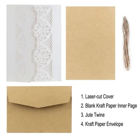 Elegantes Invitaciones de Boda de Corte Láser Estilo Europeo Papel Kraft Interior Con Cuerda de Cáñamo Encaje Floral