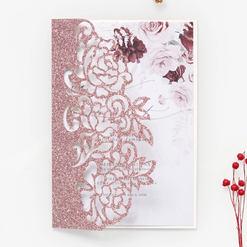 Eleganti Inviti di Nozze Floreali a Taglio Laser Con Finitura Glitter e Fiocco in Nastro Biglietti d'Auguri per Cerimonia