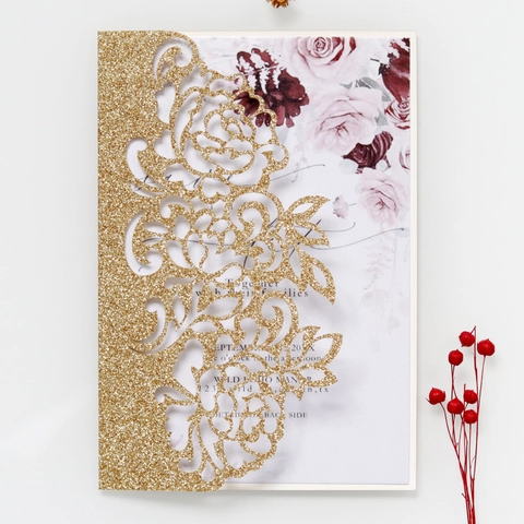 Eleganti Inviti di Nozze Floreali a Taglio Laser Con Finitura Glitter e Fiocco in Nastro Biglietti d'Auguri per Cerimonia