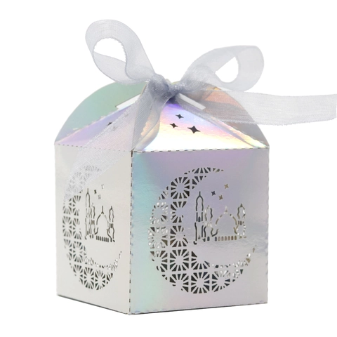 Eid Mubarak Laserschnitt Papier Süßigkeitenbox Mond Moschee Muster Geschenkbox Mit Satinband Für Ramadan Party Zubehör