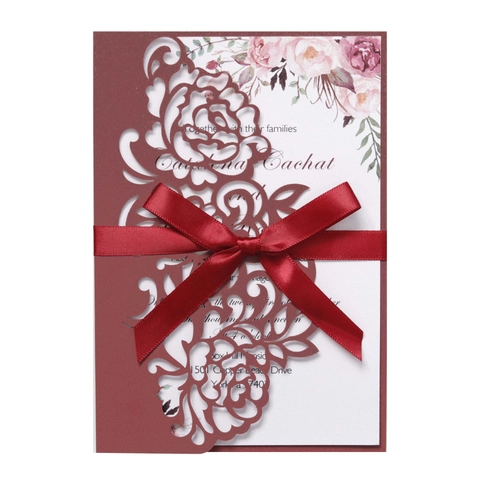 Laser Cut Rose Wedding Invitation Card Pearl Paper Floral Greeting Card With Envelope Ribbon For Marriage Ceremony Party