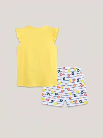 Completo Estivo da Bimba in Cotone Con Maniche a Volant Top Giallo Applicazione Floreale e Pantaloncini a Righe Blu 2 Pezzi