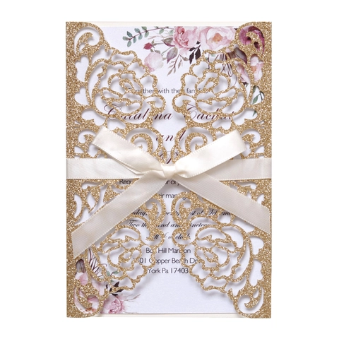 Lasergeschnittene Glitzer-Hochzeitseinladungen Mit Bandschleife Rose Floral Ausgehöhlte Karten Für Ehe-Verlobungsfeier