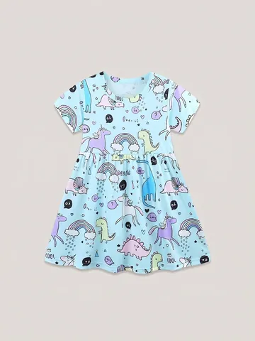 Robe de Princesse d'Été à Manches Courtes pour Filles Bleu Clair Imprimé Dinosaure Licorne Col Rond en Polyester