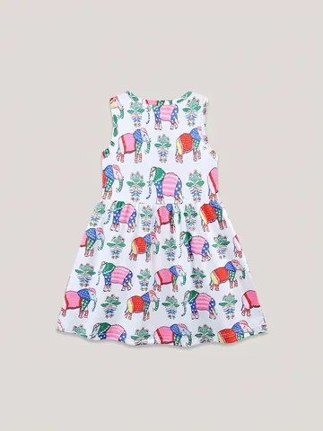 Mädchen Ärmelloses Rundhals Elefanten Print Kleid Polyester Spandex Sommer A-Linie Prinzessin Party Kleid Für Kinder Mehrfarbig