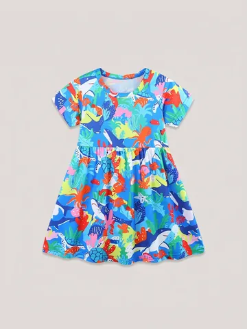 Girls Summer Short Sleeve Dress Western Style Ocean Print Shark Turtle Round Neck Princess Casual Polyester Midi Sundress