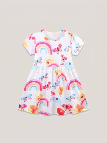 Girls Short Sleeve Princess Dress Summer Cartoon Rainbow Butterfly Printed Crew Neck A-line Dress For Kids 3-8 Years Old