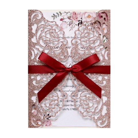 Lasergeschnittene Glitzer-Hochzeitseinladungen Mit Bandschleife Rose Floral Ausgehöhlte Karten Für Ehe-Verlobungsfeier