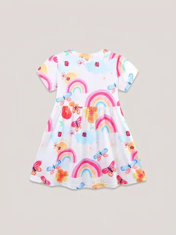 Girls Short Sleeve Princess Dress Summer Cartoon Rainbow Butterfly Printed Crew Neck A-line Dress For Kids 3-8 Years Old