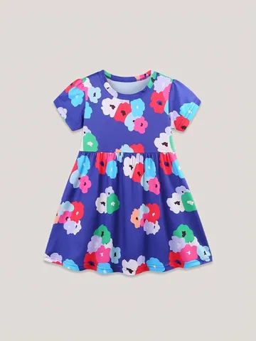 Western Style Girls Short Sleeve Dress Polyester Cartoon Floral Print Princess Dress Summer A-Line Party Dress For Kids