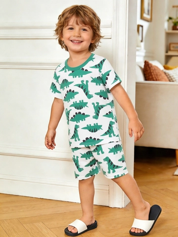 Kinder Jungen Sommer Kurzarm Schlafanzug Outfit Cartoon Dinosaurier Druck Rundhals Hausanzug Polyester Weiches Pajama Top Shorts Outfit