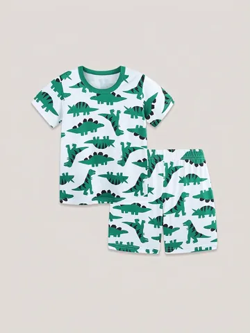 Kinder Jungen Sommer Kurzarm Schlafanzug Outfit Cartoon Dinosaurier Druck Rundhals Hausanzug Polyester Weiches Pajama Top Shorts Outfit