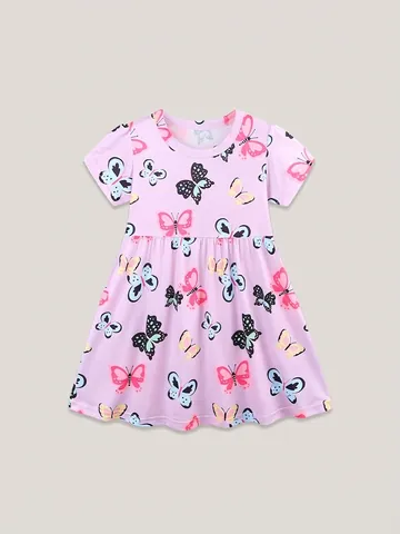 Robe d'Été à Manches Courtes pour Filles avec Imprimé Papillon Style Occidental Col Rond Robe de Princesse Enfant