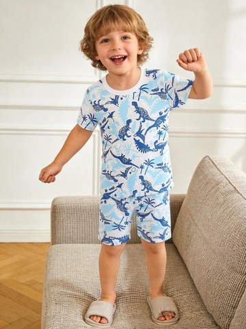 Boys Summer Dinosaur Printed Loungewear Set Polyester Breathable Short Sleeve Top And Shorts Casual Home Wear For Kids