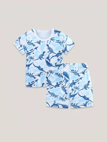 Boys Summer Dinosaur Printed Loungewear Set Polyester Breathable Short Sleeve Top And Shorts Casual Home Wear For Kids