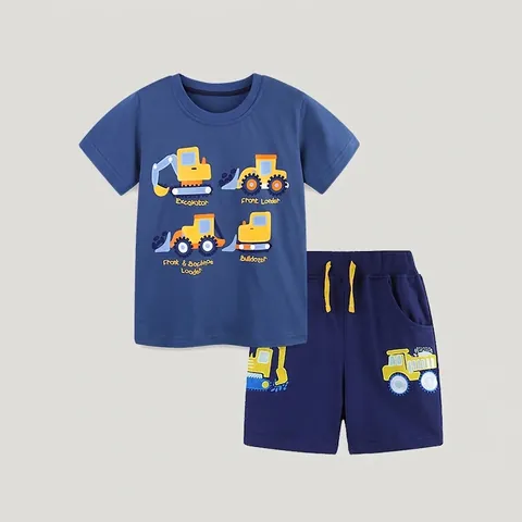 Kids Boys Summer Short Sleeve Cotton T-Shirt And Shorts Outfit Vehicle Print Casual Clothing For Toddlers
