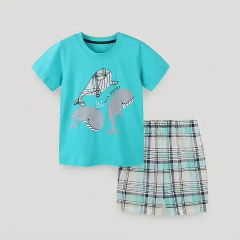 Ensemble Deux Pièces Été Garçon 100% Coton Imprimé Baleine Dessin Animé T-Shirt Turquoise Manches Courtes et Short Plaid