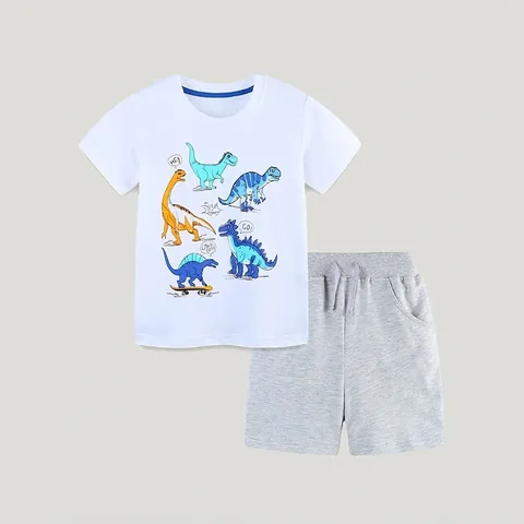Ensemble de Vêtements en Coton pour Garçons Mode d'Été Dinosaure de Dessin Animé Imprimé T-Shirt Blanc à Manches Courtes et Short Gris pour Enfants