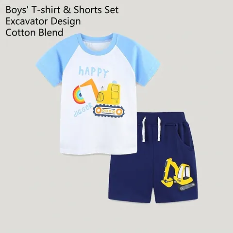 Ensemble T-Shirt et Short d'été en Coton pour Petit Garçon avec Imprimé Excavatrice Style Occidental Vêtements Décontractés