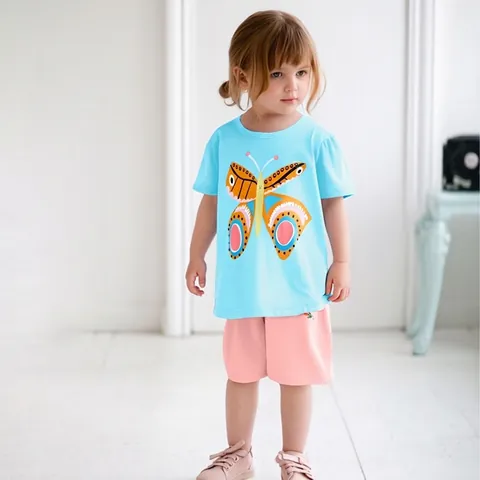 Mädchen Sommer Baumwolle Set Schmetterling Druck Kurzarm T-Shirt und Blumen Bestickt Shorts Zwei Stücke Lässiges Outfit