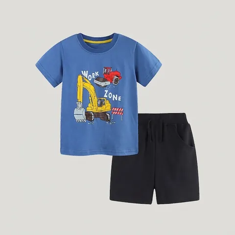 Boys Cartoon Excavator Print Cotton Short Sleeve T-Shirt And Shorts Summer Outfit Boys Casual Breathable Daily Wear Clothes