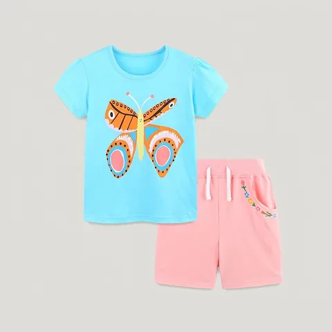 Mädchen Sommer Baumwolle Set Schmetterling Druck Kurzarm T-Shirt und Blumen Bestickt Shorts Zwei Stücke Lässiges Outfit