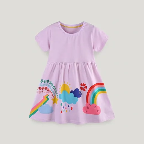 Girls Cotton Short Sleeve Dress Fashion Cartoon Rainbow Print Lavender Purple Casual Princess Summer Dress For Toddler
