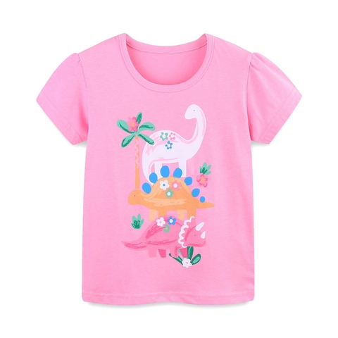 Conjunto de Camisetas de Algodón de Verano para Niñas Estampado de Colibrì Mariposa Dinosaurio Manga Abullonada Top