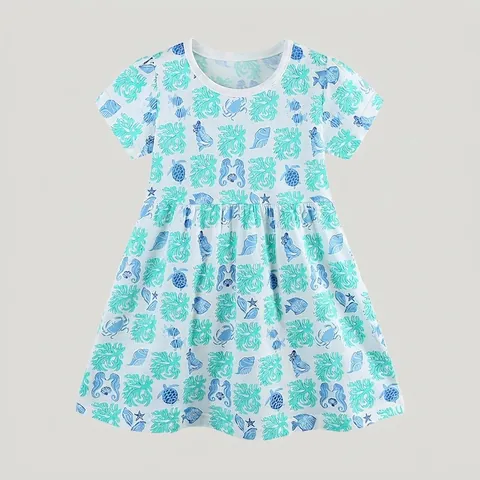 Abito Estivo da Bambina in Cotone a Manica Corta Stampa Marina Oceano Abito a Trapezio Casual Traspirante Bambini