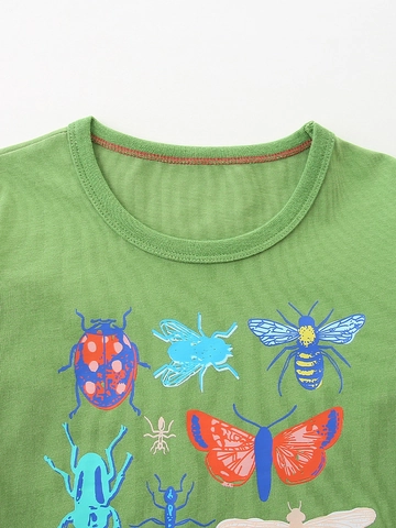 Kids Long Sleeve T-Shirt 100% Cotton Green Insects Entomology Pattern Round Neck Autumn Soft Casual Top For Boys Girls