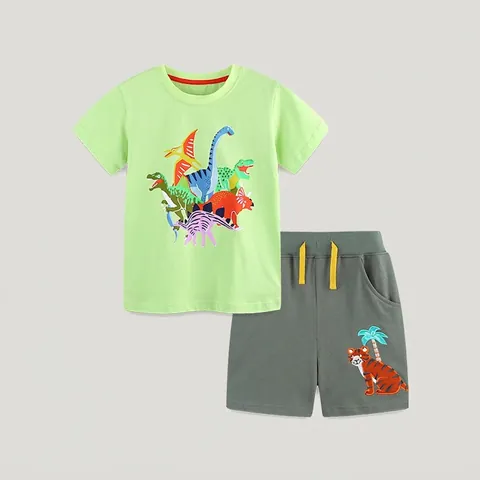 Kids Boys Summer Clothing Set Soft Cotton Short Sleeve Dinosaur Print T-Shirt And Tiger Graphic Shorts Casual Outfit