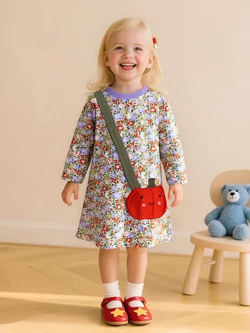 Abito da Bambina 100% Cotone Manica Lunga Stampa Floreale Halloween Zucca Applicazione Vestito Stile Occidentale Festa